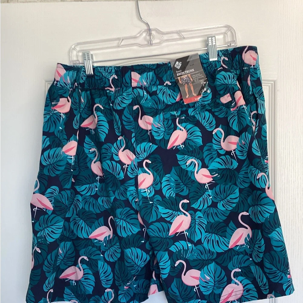 Members Mark Men's Navy Flamingo Print Swim Trunks - Pink & Teal BNWT